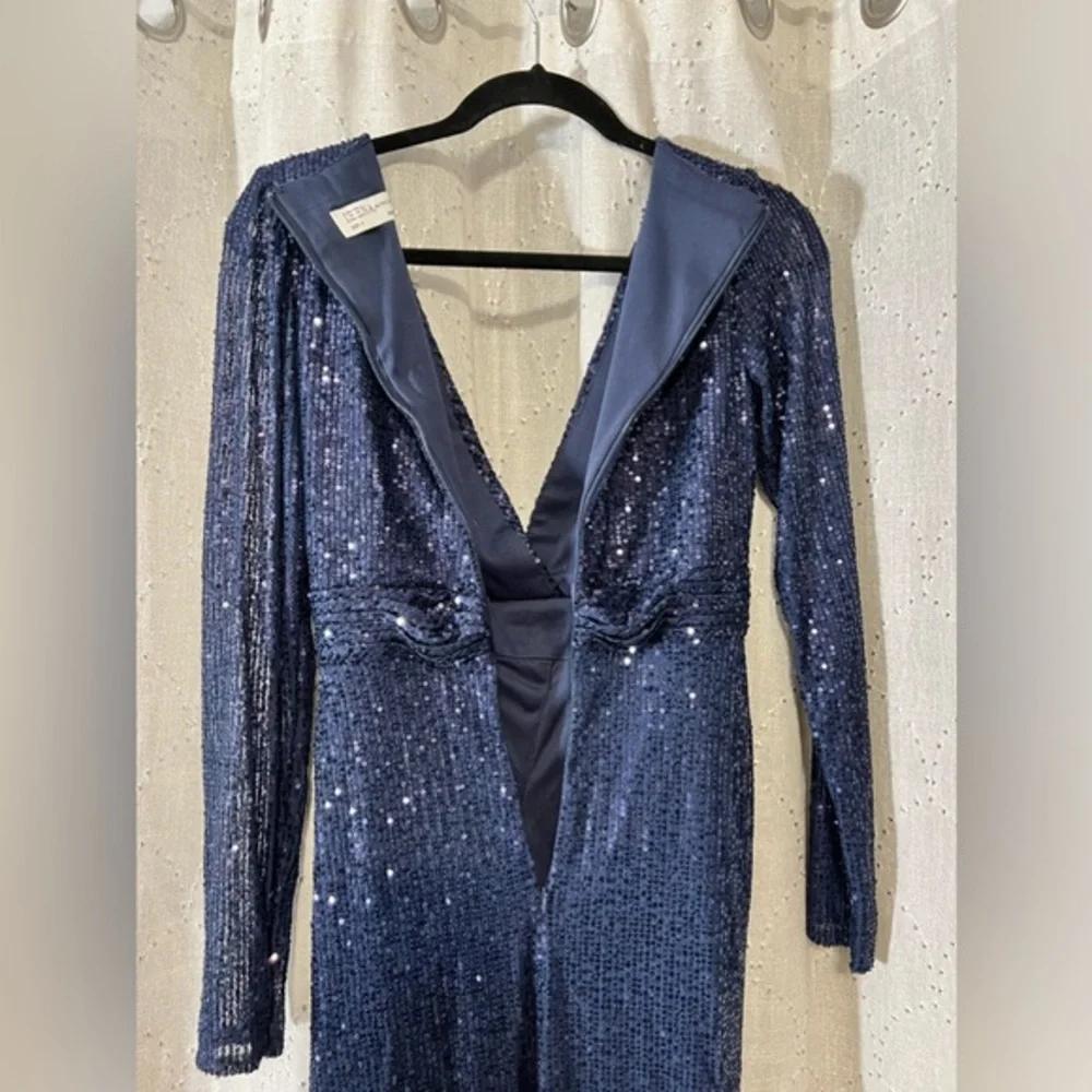 Mac Duggal Sequined long sleeve midi dress prom formal‎ midnight blue size 0